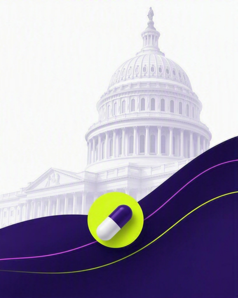 Illustration of the U.S. Capitol building with a prescription capsule in the foreground, symbolizing federal drug pricing policy changes.